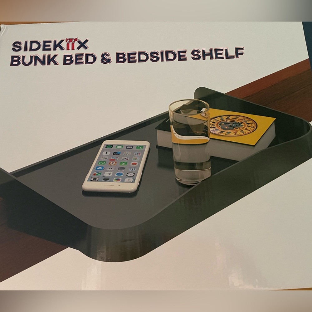 Black Bedside Shelf with Glass and Book